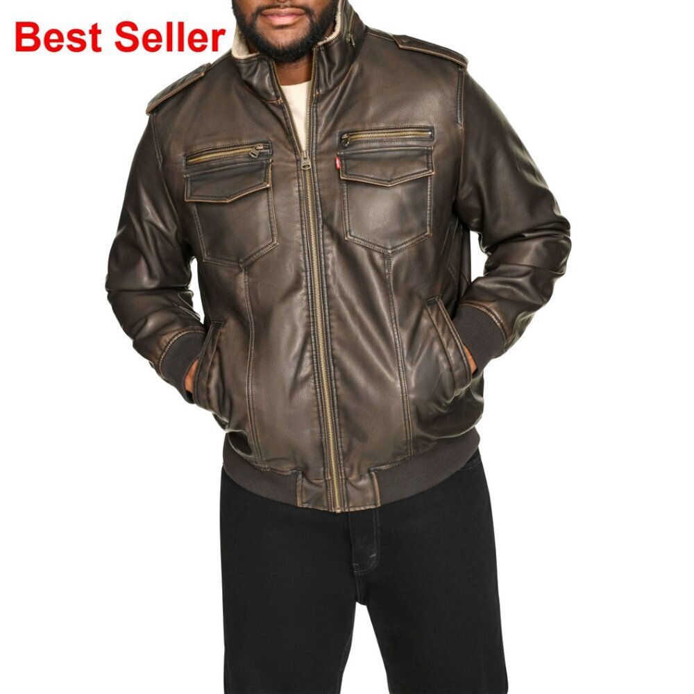 Vintage Faux Leather Aviator Bomber Jacket with Sherpa Lining